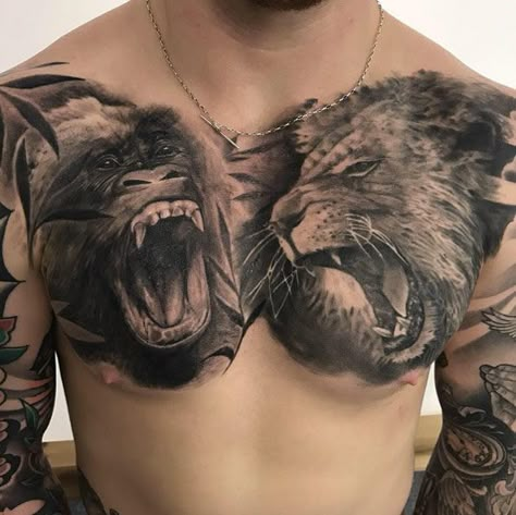 Lion Chest Tattoo, Tatuaje Trash Polka, Gorilla Tattoo, Lion Tattoo Sleeves, Mens Lion Tattoo, Spirit Tattoo, Lion Tattoos, Bear Tattoos, Chest Piece Tattoos