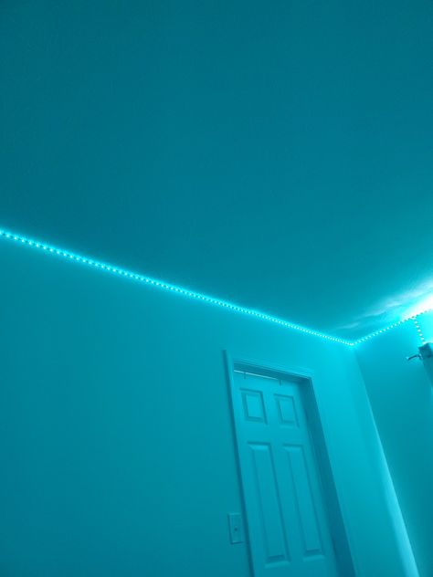 Turquoise Led Lights, Teal Led Lights, Neon Room Aesthetic, Rocket Bedroom, Cyan Lighting, Bedroom Teal, Teal Rooms, Y2k Bedroom, Led Light Color