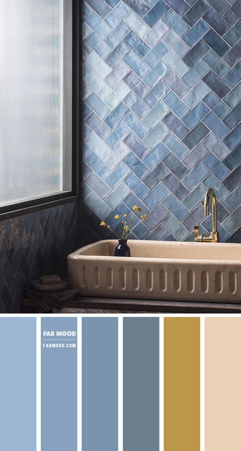 Turn your bathroom into a serene & calming place with this gorgeous color palette for blue grey and warm taupe with gold accents. We... Inspiration Wc, Taupe Color Schemes, Bathroom Decor Modern Luxury, Mandarin Stone, Bathroom Color Schemes, Warm Taupe, Studio Apartment Ideas, Bathroom Color, Diy Bathroom Decor