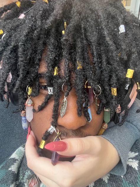 Dread Heads With Crystals, Guy With Crystals In Dreads, Alt Dreads Men, Dreads With Crystals Men, Loc Jewelry Crystals, Loc Charms Men, Crystals In Locs Guys, Crystals On Locs, Crystals In Dreads