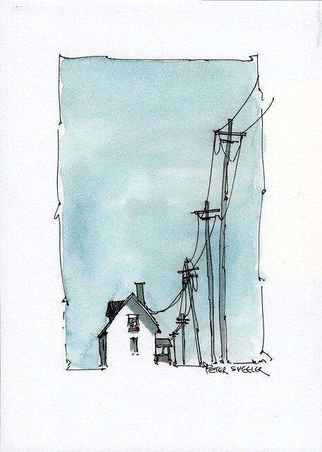 Small Pen Drawings, Line And Wash Watercolor, Peter Sheeler, Video Set, Line And Wash, Watercolor Architecture, Power Lines, Urban Sketch, Watercolour Inspiration