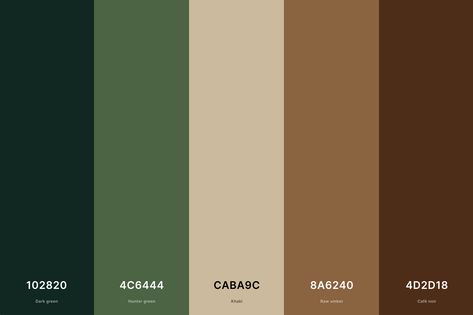 Rustic Brown & Green Color Palette Color Palette with Dark Green (Hex #102820) + Hunter Green (Hex #4C6444) + Khaki (Hex #CABA9C) + Raw Umber (Hex #8A6240) + Café Noir (Hex #4D2D18) Color Palette with Hex Codes Brown And Green Pallete Color, Dark Green And Brown Bedroom Aesthetic, Dark Green And Brown Bedroom Ideas, Earthy Gold Aesthetic, Dark Vintage Color Palette, Vintage Brown Color Palette, Green Pallet Color, Green Brown Aesthetic, Brown Color Palettes