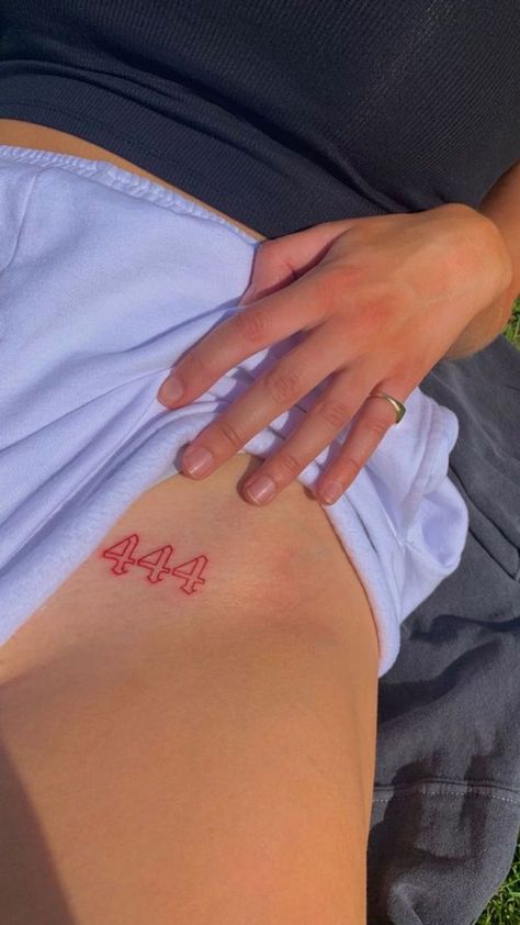 444 Tattoo On Hip, 444 Hip Tattoo, 444 Tattoo Hip, 444 Red Ink Tattoo, 444 Red Tattoo, Red 444 Tattoo, Simple Red Tattoo, 444 Tattoo Meaning, Red Tattoo Aesthetic