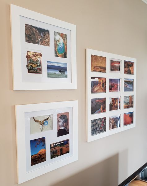 Postcard Gallery Wall Ideas, Post Card Display Diy, Framed Postcards Display Ideas, Postcard Frame Ideas, Postcard Decoration Wall Art, Postcard Home Decor, Post Cards On Wall, Framed Post Cards, Postcard Gallery Wall