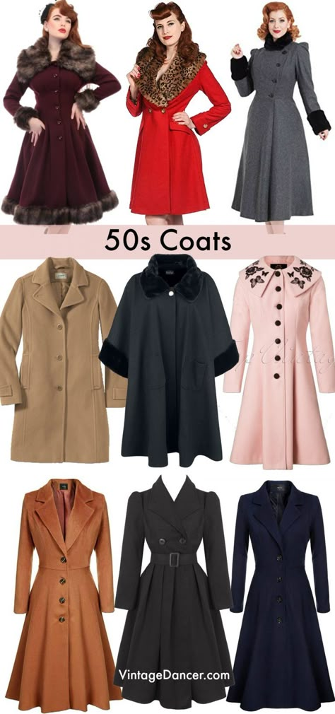 1950s coats, pin up coats, vintage swing coats, winter coats and outerwear at vintagedancer.com 1950s Jacket, Women's Winter Coats, Womens Fashion Casual Fall, Coats Vintage, Fashion 1950s, Womens Fashion Casual Spring, Womens Fashion Casual Summer, Rockabilly Style, Vintage Inspired Fashion