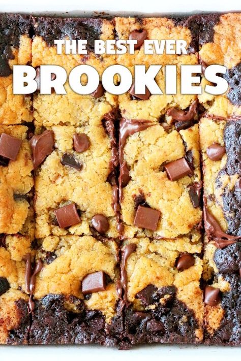 This easy Brookies recipe is the best dessert ever! With a layer of chocolate chip cookie on top and brownies on the bottom, Brookies bake in one pan, with no scooping cookie dough and no chill time required! #brookies #barcookies #brownies #chocolatechipcookies #dessert #fingerfood #potluckdesserts Homemade Brookies, Easy Brookies, Salty Sweet Desserts, Brookies Recipe, Best Dessert Ever, Ceramic Baking Dish, Dessert Bar Recipe, Chill Time, Homemade Brownies