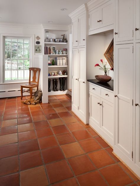 saltillo-kitchen Red Tile Floor, Spanish Floor Tile, White Kitchen Floor, White Tile Kitchen Floor, Saltillo Tile Floor, Trendy Kitchen Tile, Saltillo Tile, Terracotta Floor, Floor Remodel