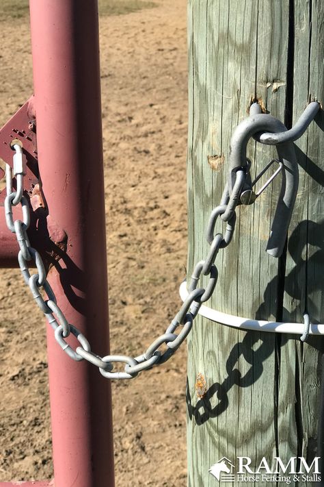 Our quick chain latch opens with ease with one hand on horseback or off. The quick latch is made of heavy-duty galvanized steel and welded chain. Gates and latches are an extremely important part of your horses' safety. Keep them out of harms way. #rammfence #horses #equestrian #gate #latch #quicklatch #diy #rammprojects Gate Latch Ideas, Cattle Gate Latch Ideas, Farm Gate Latch Ideas Diy, Horse Gate Latch, Driveway Gate Diy, Horse Stalls Doors, Barn Door Latch, Stall Door, Gate Locks