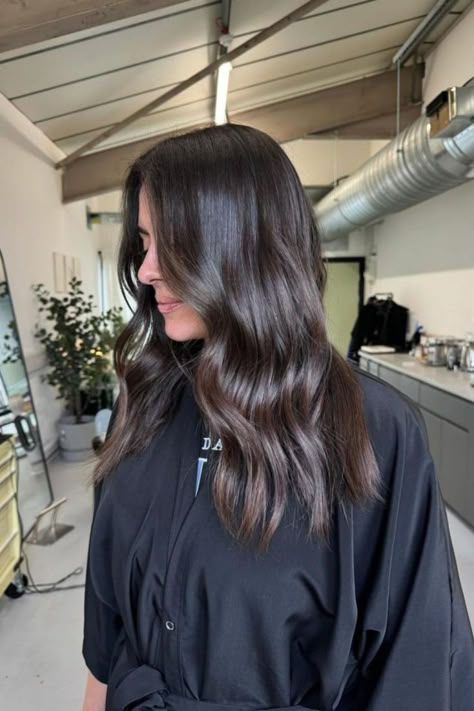 Dimensional Glossy Espresso Brunette Hair Smoky Balayage Brunettes, Dark Brown Hair With Pale Skin, Cool Toned Dimensional Brunette, Cool Toned Brunette Hair Color, Expresso Martini Hair Color, Dark Brown Glossy Hair, Glossy Dark Brown Hair, Espresso Highlights On Dark Hair, Expresso Hair Colors