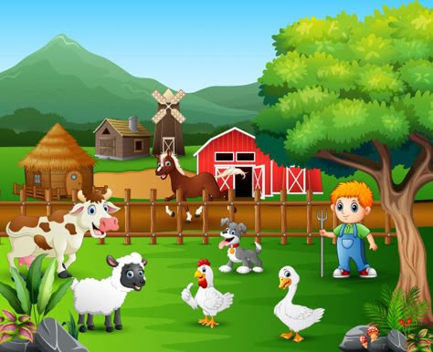 Cartoon of a farmer at his farm with a bunch of farm animals Premium Vector Guessing Games For Kids, Farm With Animals, Farm Animals Pictures, Farm Cartoon, Farm Vector, Farm Scenes, Animal Art Projects, Farm Pictures, Picture Composition