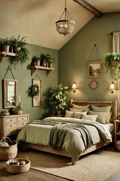 Room Ideas With Green Walls, Cute Green Bedroom Ideas, Earthy Room Ideas Bedroom, Dream Master Bedrooms Cozy, One Green Wall Bedroom, Bedroom Decor Green Walls, Country Style Decorating Ideas, Cozy Bedroom Green, Cottage Interiors Bedroom