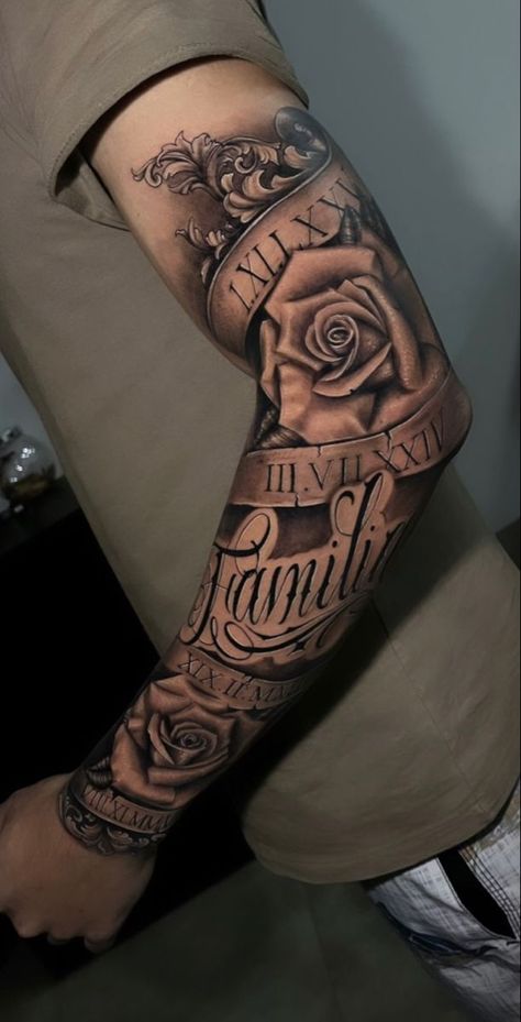 Family Tattoo Forearm, Mens Family Tattoos Ideas, Back Forearm Tattoo Men Sleeve, Family Forearm Tattoo Men, Tattoo Ideas For Men Family, Family Tattoo Men, Family Tattoo Designs For Men, Sleeve Tattoos For Guys Family, Family Tattoos For Men Forearm