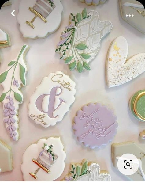 Lavender Decorated Cookies, Purple Bridal Shower Cookies, Lavender Cookies Decorated, Green Wedding Cookies, Floral Bridal Shower Cookies, Cookie Decorating Party Ideas, 2024 Cookies, Fondant Biscuits, Bachelorette Party Cookies