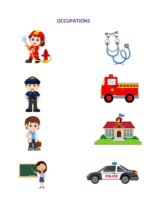 Occupations online activity for Garten. You can do the exercises online or download the worksheet as pdf. Worksheet For Kindergarten Printable, Toddler Activity Printable, Occupation Activity For Preschool, Occupation For Preschool, Occupation Worksheet For Preschool, Occupation Worksheet For Kindergarten, Occupations Activities Preschool, Occupation Activities For Kids, Kids Activities Printable