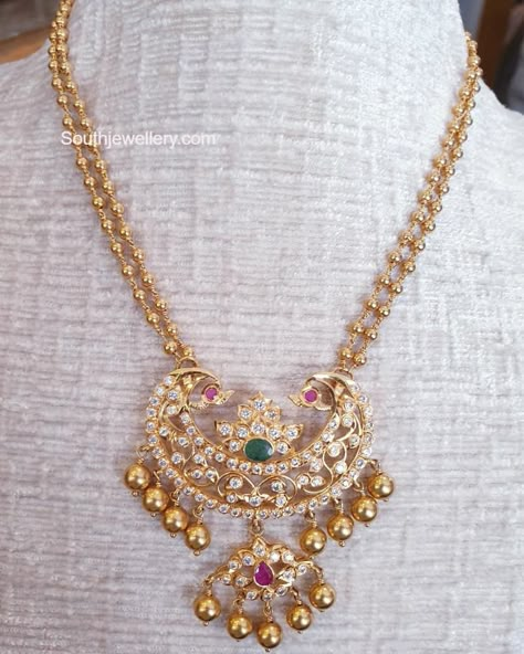 Two line gold balls necklace with cz pendant photo Balls Chain With Pendant, Light Weight Gold Pendant Designs, Gundla Haram Designs Simple, Light Weight Pendants Gold, Gold Balls Chain Designs, Gold Lockets For Beads Chain, Cz Locket Gold, Gold Balls Designs, Ball Necklace Gold