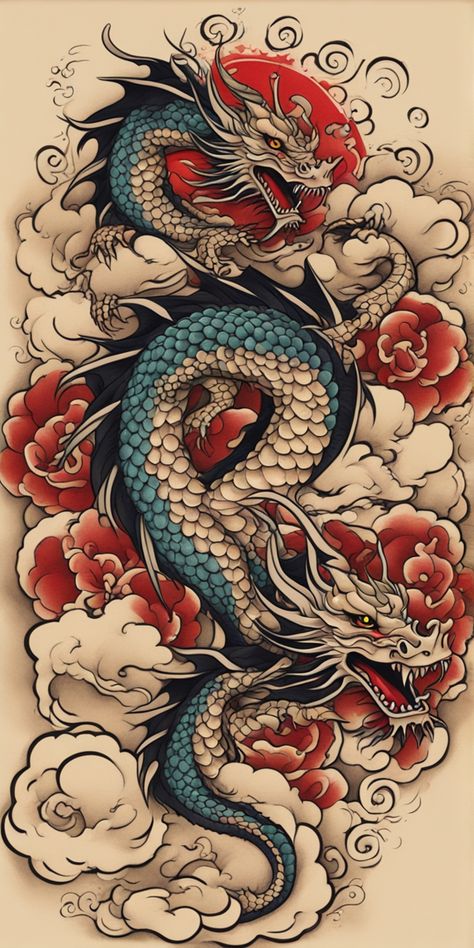 Un vibrante tatuaje de dragón, estilo japonés, ilustrado sobre un lienzo en blanco. Los colores brillantes del dragón aportan vida y energía a la pieza. Chinese Year Of The Dragon Tattoo, Tattoo Dragon Japan, Japanese Color Tattoo, Colored Dragon Tattoo, Color Dragon Tattoo, Dragon Chino Tattoo, Japanese Dragon Tattoo Art, Dragon Tattoo Japanese Style, Asian Style Tattoos