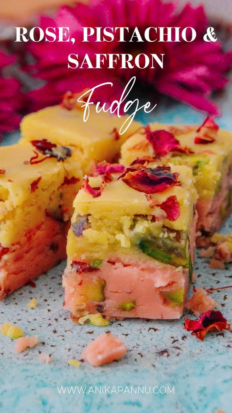 Rose, Pistachio & Saffron Fudge Fusion Diwali Sweets, Easy Barfi Recipe, Easy Diwali Desserts, Fusion Desserts Indian, Indian Fusion Sweets, Diwali Dessert Ideas, Easy Diwali Sweets Recipe, Diwali Sweets Photography, Easy Sweets Recipes Indian