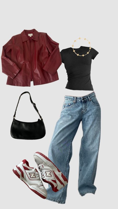 i want a red leather jacket so bad #outfitinspo Night Downtown Outfit, Going Out Leather Jacket Outfit, Outfit With A Leather Jacket, Red Jacket Leather Outfit, All Too Well Aesthetic Outfit, Outfit Inspo Jacket, Outfit Ideas With Red Hair, Small Leather Jacket Outfit, Fits With Leather Jackets