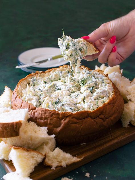 Spinach & Artichoke Dip in a Bread Bowl (Serve Cold) - Fueling a Southern Soul Bread Bowl Spinach Artichoke Dip, Spinach Artichoke Dip Bread Bowl, Artichoke Dip In Bread Bowl, Bread Bowl Dip Recipes, Bread Bowl Dips, Dip In Bread Bowl, Spinach Dip Cold, Bread Bowl Dip, Artichoke Bread