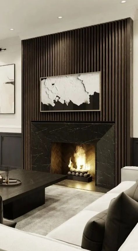 Slatted Wall Fireplace, Black Slat Wall Fireplace, Reeded Wood Fireplace, Modern Square Fireplace, Black Fluted Fireplace, Fluted Stone Fireplace, Fluted Fireplace Wall, Porcelain Fireplace Wall, Fluted Wood Fireplace