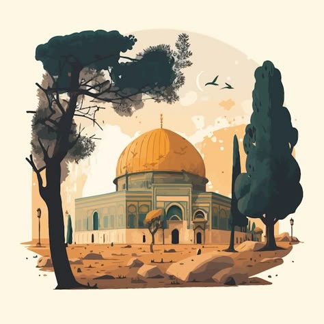 Al Aqsa Mosque Drawing, Isra Miraj, Al Quds, Mosque Art, Wave Illustration, Watercolor Architecture, Islamic Cartoon, Crazy Wallpaper, Beautiful Mosques