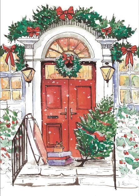 Watercolor hand drawn illustration chris... | Premium Vector #Freepik #vector #christmas-tree-watercolor #christmas-door #winter-invitation #winter-house Front Door With Wreath, Drawing For Christmas, Drawn Christmas Cards, Christmas Moving Announcement, Watercolour House, Hand Drawn Christmas Cards, Christmas Tree Presents, First Christmas In New Home, Personalized Holiday Cards