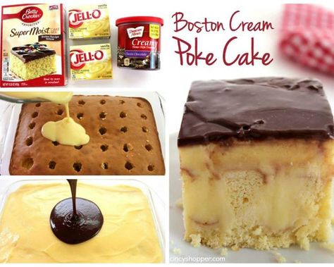 Boston Cream Poke Cake Recipe, Boston Cream Poke Cake, Cream Poke Cake, Boston Cream Cake, Boston Cream Pie, Poke Cake Recipes, Boston Cream, Vegetarian Cake, Poke Cakes