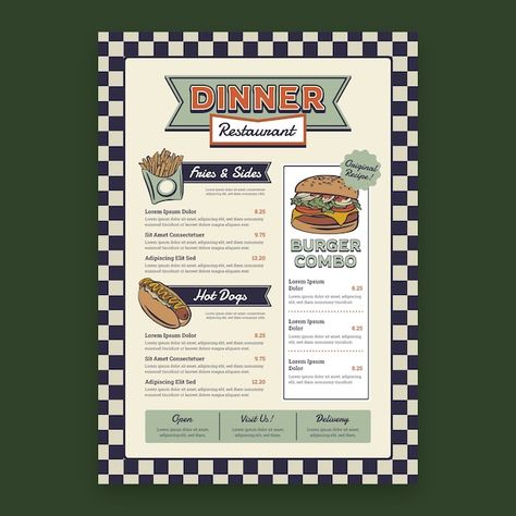 Free vector hand drawn american retro st... | Free Vector #Freepik #freevector #vintage-restaurant #bistro #retro-food #vintage-menu Retro Menu Design Ideas, Vintage Menu Design Retro, American Diner Menu, Retro Menu Design, Retro Restaurant Design, Retro Style Restaurant, Vintage Restaurant Design, Restaurant Menu Design Ideas, Vintage Menu Design