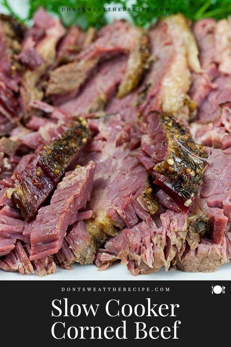 This recipe for slow cooker corned beef delivers a moist, tender, flavor-packed piece of beef. So easy you just dump, set, and cook! #stpatricksday #recipe #easy #slowcooker