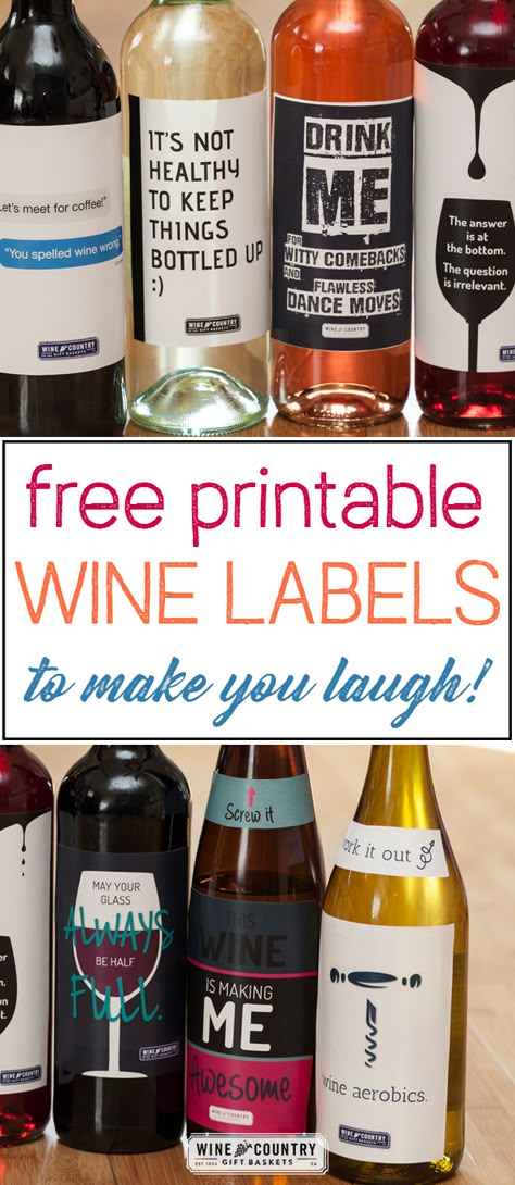 These printable wine labels are perfect for parties, gifting bottles of wine, or just to make you laugh before the cork is popped! Best of all, they're FREE! Fun Wine Labels Funny, Funny Wine Bottle Labels Hilarious, How To Make Wine Labels With Cricut, Wine Lable Ideas, Christmas Wine Tags Printable Free, Funny Wine Labels Hilarious, Wine Labels Funny, Wine Bottle Labels Printable Free, Diy Wine Labels Printables