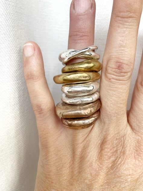 Organic Modern Fashion, Organic Silver Ring, Silver And Gold Rings Together, Silver Chunky Rings, Organic Gold Ring, Brass Jewelry Handmade, Organic Jewelry Design, Chunky Gold Rings, Brass Rings Jewelry