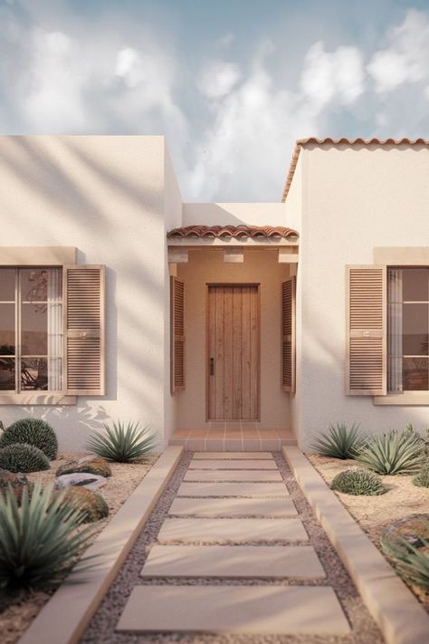 "Serene room with calming neutral tones of beige and gray, creating a peaceful and relaxing atmosphere. Spanish Tile Home Exterior, Arizona Homes Exterior, Modern Spanish Style Homes Exterior, Spanish Style Doors, Spanish Style Home Exterior, Modern Spanish Style Homes, Gentle Gray, Modern Spanish Style, Peaceful Bedroom