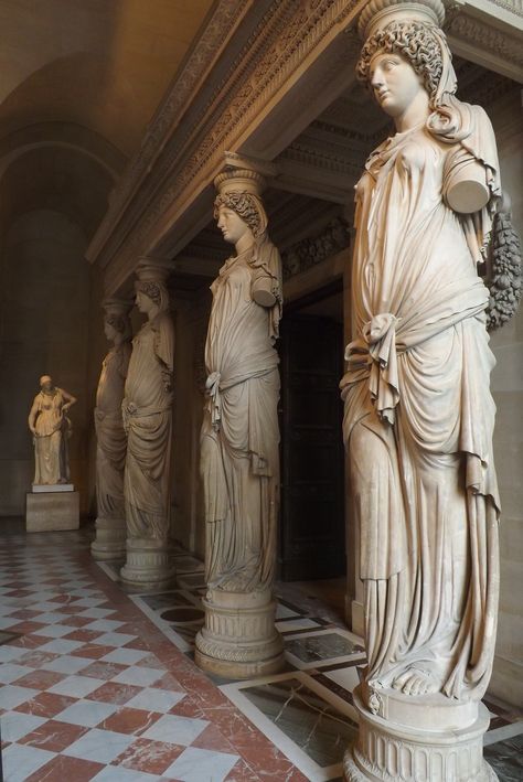 Cariatides Louvre Ancient Greece Aesthetic, Historical Sculptures, Istoria Artei, Book Mood, Le Louvre, Baroque Painting, Jardin Des Tuileries, Stone Pillars, Neoclassical Architecture