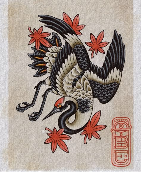 Japanese Crain Birds Tattoo, Traditional Japanese Bird Tattoo, Crane Japanese Art, Japanese Traditional Crane Tattoo, Bird Japanese Tattoo, Japanese Sternum Tattoo, Crane Japanese Tattoo, Crane Tattoo Japanese, Trad Japanese Tattoo