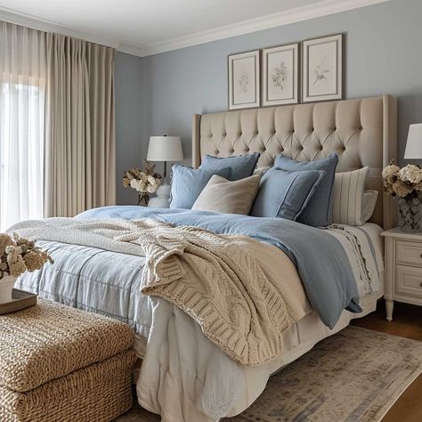 Blue Gray Tan Bedroom, Dark Grey Bed Styling, Blue And Beige Bed, Light Blue Beige Bedroom, Dusty Blue Guest Bedroom, Blue Tan Bedroom Ideas, Blue Tan And White Bedrooms, Pale Blue And Cream Bedroom, Blue White Beige Bedroom