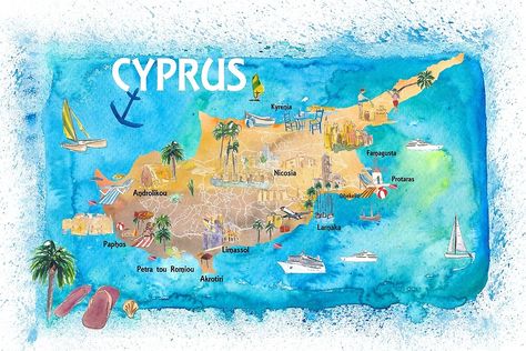 Cyprus Map, La Art, Illustrated Map, Limassol, Vintage Map, Cyprus, Retro Poster, Cool Artwork, Art Original