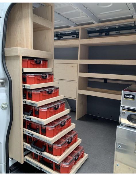 Sprinter Van Tool Storage Ideas, Electrician Van Organization, Cargo Van Shelving Ideas, Van Racking Ideas Carpenter, Van Tool Storage Ideas, Van Storage Ideas Tools, Work Van Organization Ideas, Diy Van Storage Ideas, Packout Storage Ideas