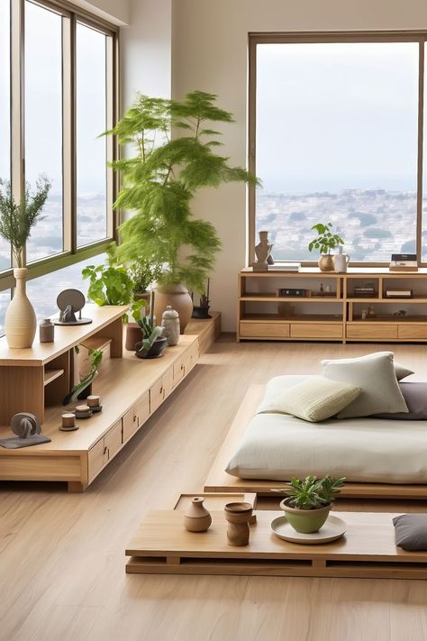 A Zen-inspired living room featuring a natural oak low table surrounded by floor cushions. Bamboo mats lie atop warm oak flooring. A minimalist oak shelving unit houses a collection of bonsai trees, and a shoji screen allows diffused light to seep into the room. Oak Living Room Ideas, Japan Living Room, Living Room Zen, Zen Minimalism, Oak Living Room, Home Yoga Room, Zen Interiors, Zen House, Japandi Living