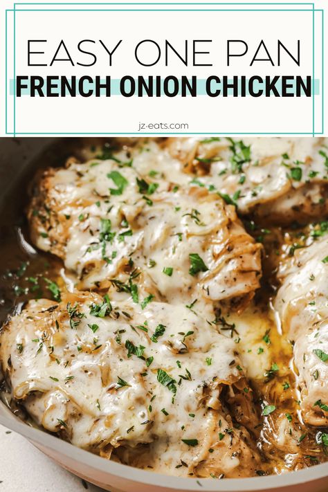 Savory and nostalgic, this French Onion Chicken is a one-pan recipe that's perfect for a hearty weeknight dinner. The comforting flavors of French onion soup pair with tender chicken breasts for a delicious meal with easy clean up. French Onion Chicken And Rice Skillet, Red Onion Chicken, French Onion Chicken Casserole Rice, Chicken Breast Onion Soup Mix Recipe, One Pan French Onion Chicken And Rice, Lipton French Onion Chicken, Chicken Recipes With Onion Soup Packet, Perdue Chicken Shortcuts Recipes, Lipton Onion Soup Mix Chicken