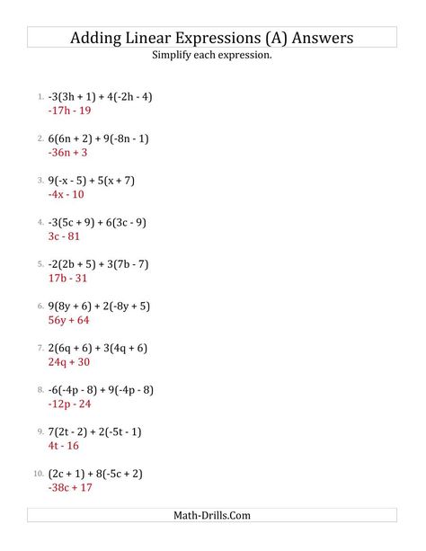 The Adding and Simplifying Linear Expressions with Multipliers (A) math worksheet page 2 Simplifying Rational Expressions, Evaluating Algebraic Expressions, Pre Algebra Worksheets, Simplifying Algebraic Expressions, Math Facts Addition, Solving Linear Equations, Simplifying Expressions, Rational Expressions, Math Expressions