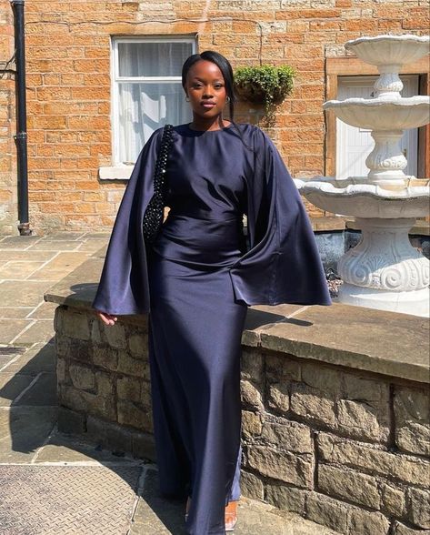 Elegant Silk Dress Satin, Modest Dresses Black Women, Elegant Silk Dress Classy, Modest Christian Outfits Black Women, Classy Silk Dress, African Print Skirt Ankara Styles, Nigerian Bridesmaid Dresses, Black Silk Gown, Classy Wedding Guest Dresses