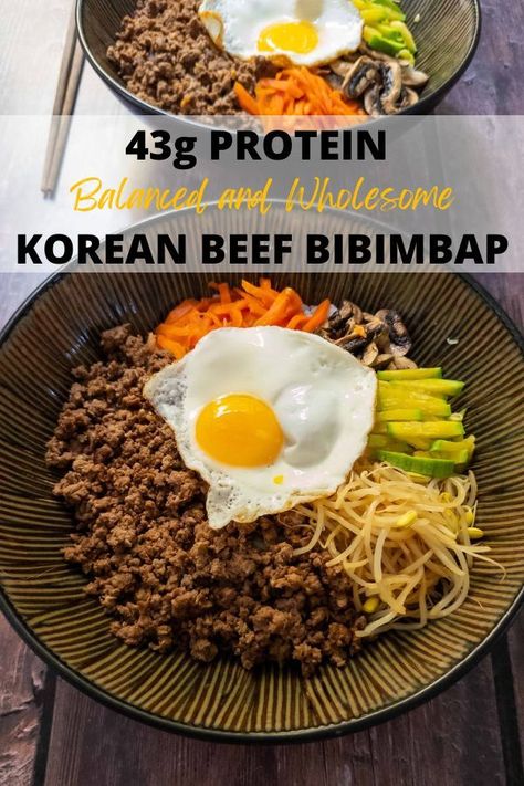 Korean Beef Bibimbap High Protein Korean Meals, High Protein Asian Recipes, Healthy Korean Beef, Korean Beef Bibimbap, Beef Bibimbap, Healthy Korean Recipes, Protein Food, Protein Lunch, Protein Meal