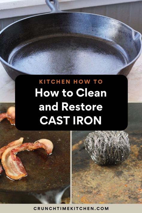 How to clean and reseason an old cast iron skillet. It can be brought back to life really easily with a few hours of basic work! crunchtimekitchen.com #castiron #castironskillets #cleaningcastiron #kitchen #cleaningskillets How To Clean Cast Iron Skillet After Use, Cleaning Iron Skillet, How To Clean Old Cast Iron Skillet, Restoring Cast Iron Skillet, Reseason Cast Iron Skillet, Clean Cast Iron Pan, Clean Cast Iron Skillet, Cleaning Rusty Cast Iron, Reseason Cast Iron