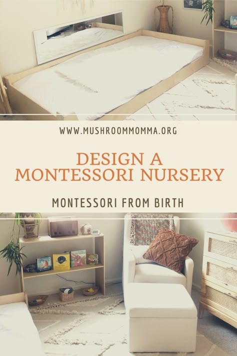 Montessori From Birth, Montessori Playroom 6-12 Months, Montessori Bedroom Baby Infant Room, Montessori Crib Newborn, Montessori Bedroom Infant, Simple Montessori Bedroom, Montesorri Nursery Room, Montisorri Baby Bedroom, Infant Montessori Room