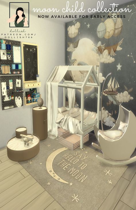 The Moon Child Collection! | Patreon Moon Cradle, Sims 4 Cc Furniture Living Rooms, Sims 4 Beds, 2 Side Tables, Toy Airplane, Sims 4 Content, Sims Baby, Mod Furniture, Sims 4 Bedroom