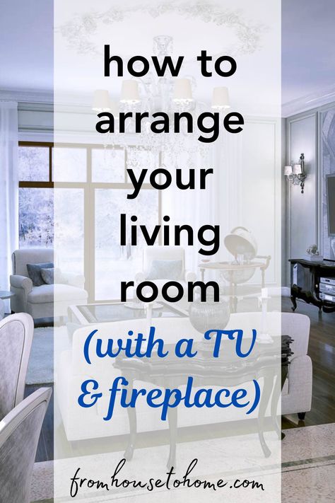 How To Arrange Living Room Furniture With a TV and Fireplace | Decorating Ideas For The Home Living Room Tv Off Center, Living Room Layout Tv Not Over Fireplace, Tv On Left Side Of Fireplace, How To Set Up A Rectangular Living Room, Long Lounge Layout Ideas With Tv, How To Arrange My Living Room, Two Sofa Living Room Layout Fireplace, Small Living Room With Lots Of Windows, Tv Beside Fireplace Ideas Family Rooms