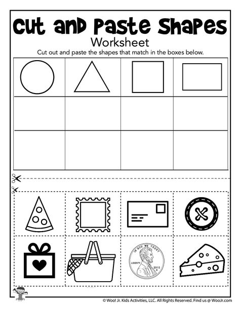 Shape Sorting Cut and Paste Printable | Woo! Jr. Kids Activities : Children's Publishing Sorting Worksheet, Shape Worksheets For Preschool, Kindergarten Math Free, Worksheet For Kindergarten, Shapes Worksheet Kindergarten, Kindergarten Math Worksheets Free, Shapes Kindergarten, Teaching Shapes, Shape Sort