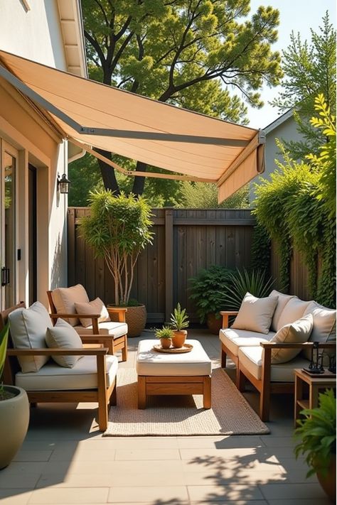 Small patio with retractable awning, foldable furniture, and storage ottomans Unique Patio Ideas, Small Backyard Patio Ideas, Angled Bedroom, Backyard Patio Ideas, Tiny Backyard, Unique Patios, Foldable Furniture, Modern Backyard, Shape Shifting