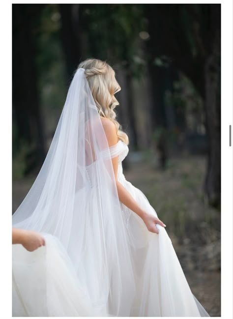 Wedding Half Ponytail, Wedding Hair With Vale, Veil In Half Up Half Down Hair, Hair Styles For Low Back Wedding Dress, Blonde Hair For Wedding, Hairstyles For Cathedral Veil, Veil For Half Up Half Down Hair, Wedding Hair Half Down With Veil, Loose Curls With Veil