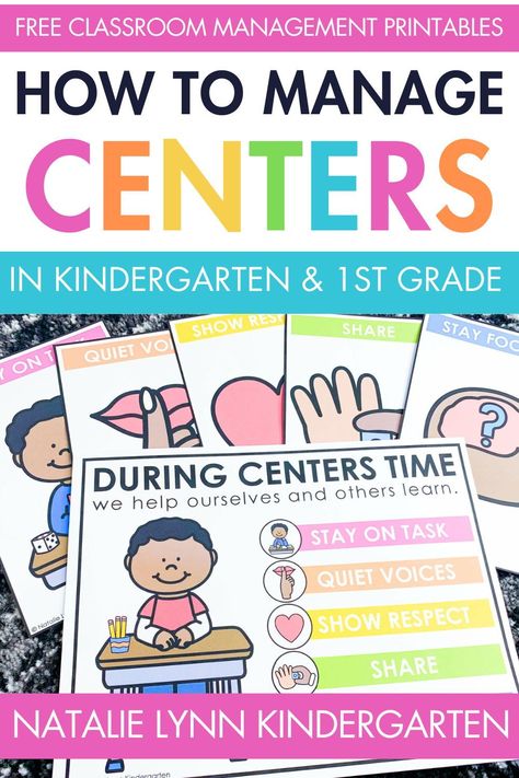 Are you starting centers in kindergarten or first grade? Learn how to manage the chaos of centers and make centers the best part of the day in your kindergarten or first grade classroom here. This blog post is full of classroom management tips for centers and free centers classroom management resources to make math and literacy centers a success. Learn how to start centers, introduce and teach expectations for centers, and what to do when students finish centers early in your classroom. How To Run Kindergarten Centers, First Grade Stations Literacy Centers, Free Choice Centers Preschool, September Centers Kindergarten, Center Expectations Anchor Chart, First Grade Ela Centers, Must Do May Do Centers Kindergarten, Sensory Centers Kindergarten, Kindergarten Center Organization